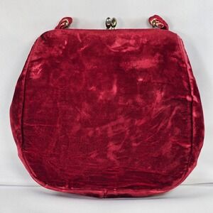Vintage 40s Red Velvet Kiss Lock Handbag Evening Bag Top Handle Red Distressed